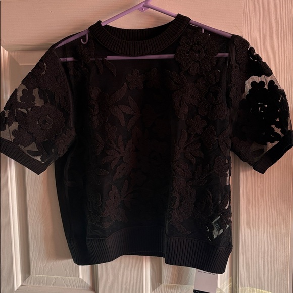 Anewsta Women's Autumn Floral Mesh Round Neck Short Sleeve Knit Top - Picture 4 of 6